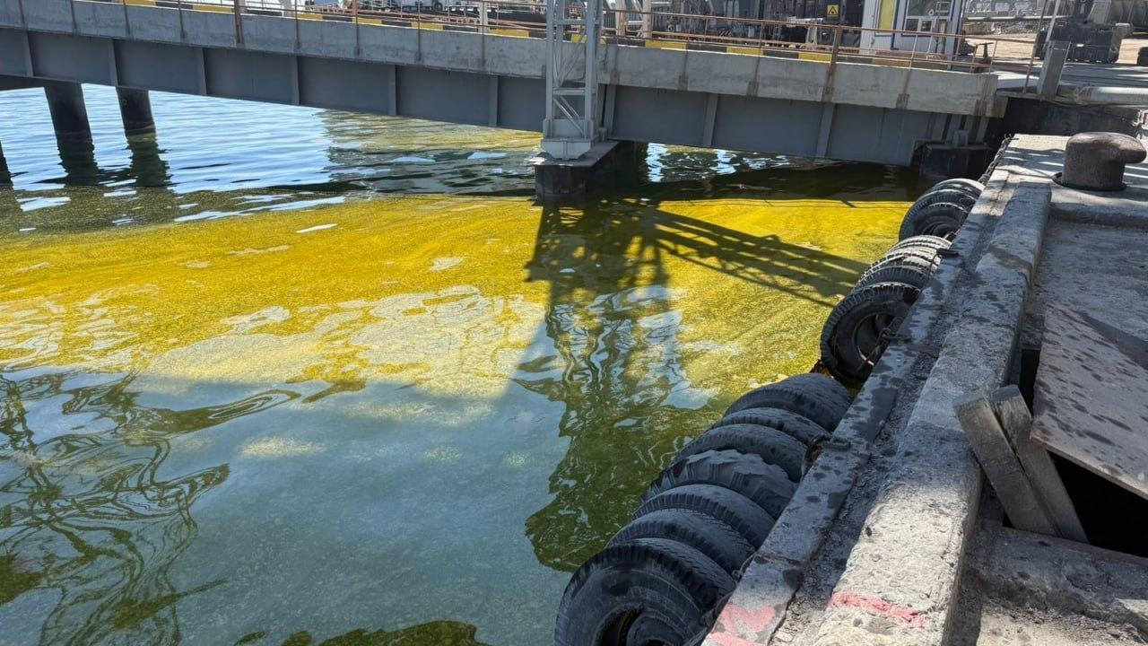 У порту Чорноморська після російської атаки стався розлив соняшникової олії: на воді утворилася велика пляма